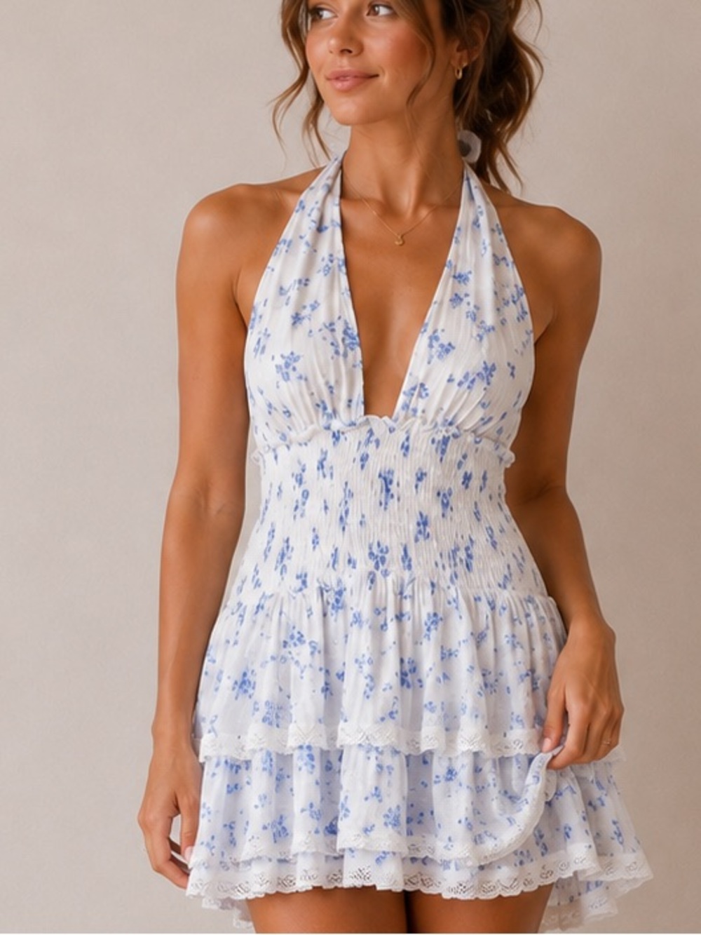 Olivaceous White & Blue Floral Smocked Halter Dress Medium